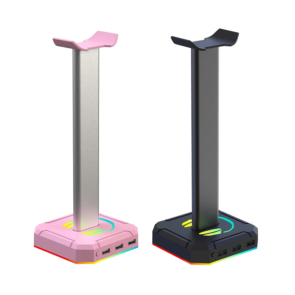 Two gaming headstand stands, one pink and one black, on a white background.