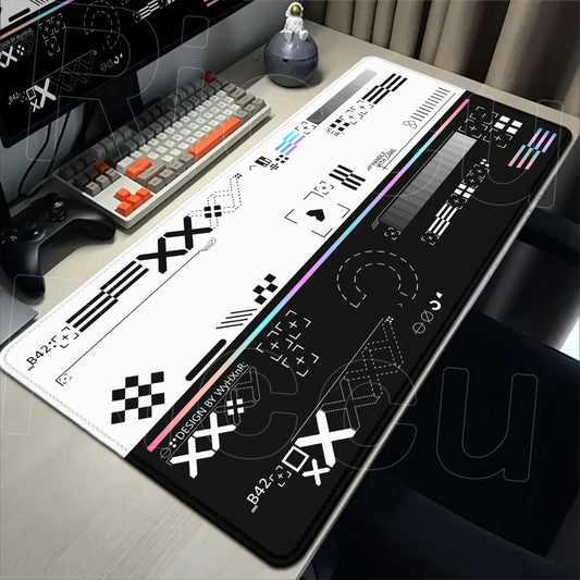 Large decorative mouse pad with geometric patterns on a desk.