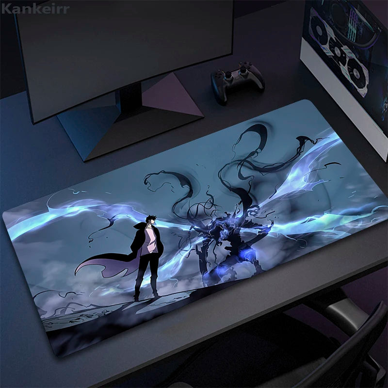 Desk setup with a large mouse pad featuring an artistic design of a person and dragon.