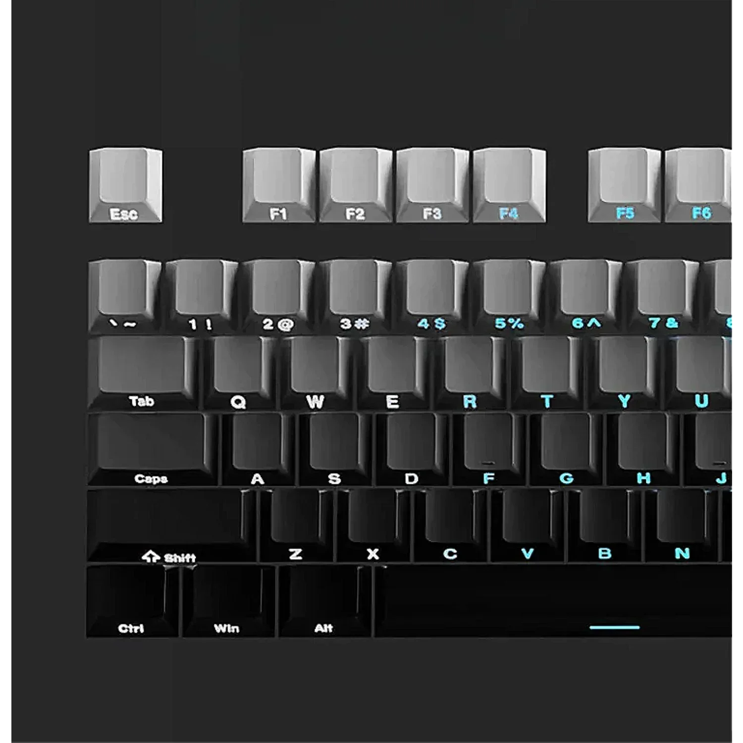 Close-up of a mechanical keyboard with labeled keys on a black background