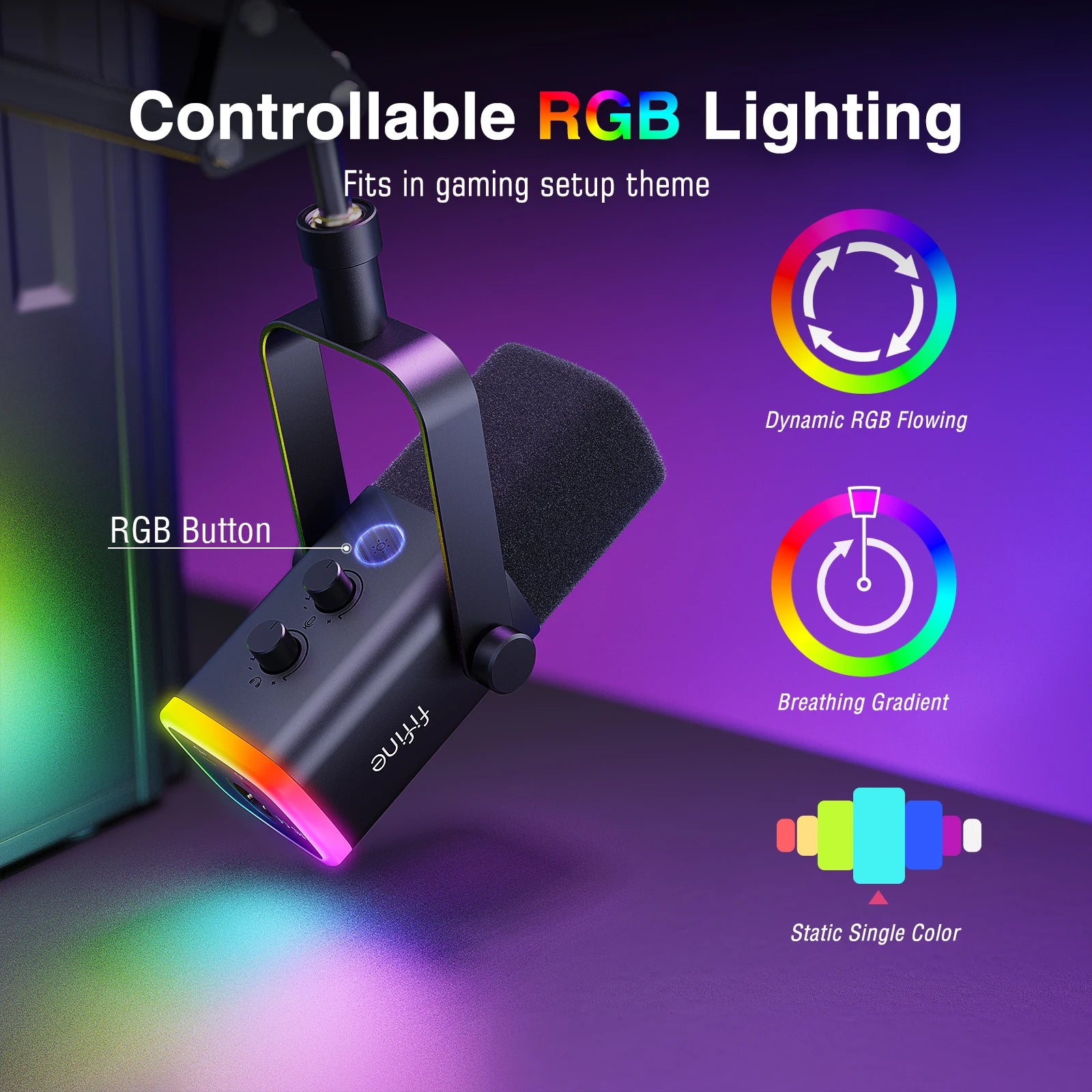 Microphone with RGB lighting effects on a dark background