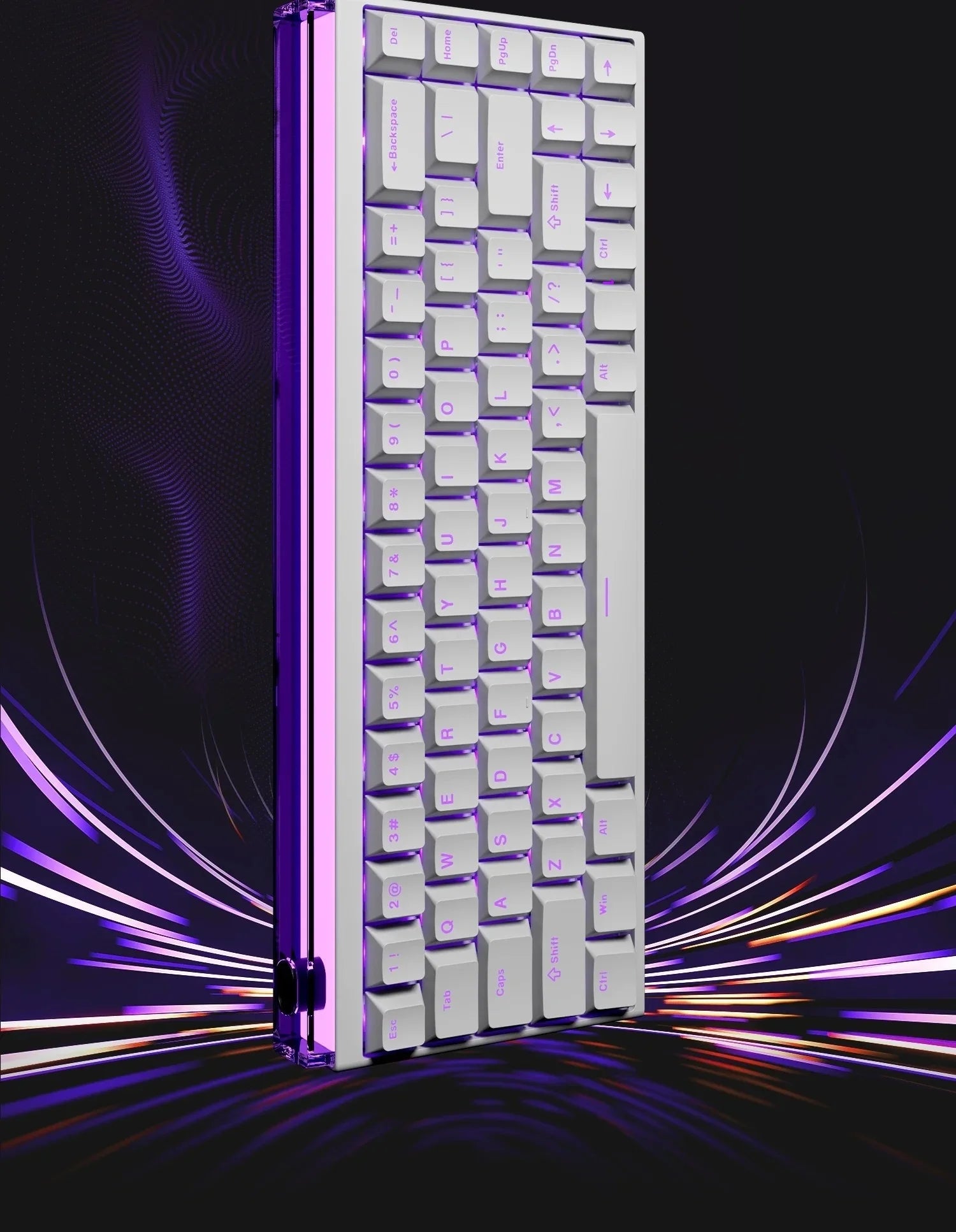 Mechanical keyboard with a futuristic design on a dark background with purple and blue lighting effects.