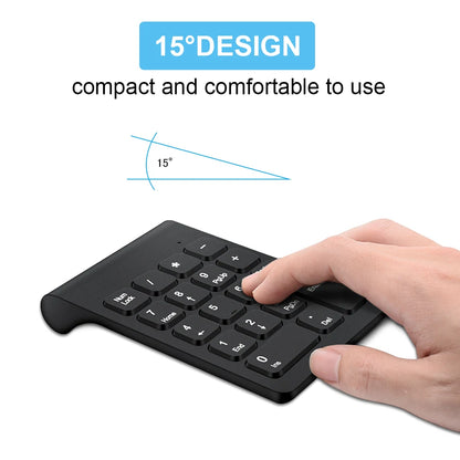 Compact keyboard with a hand using it, labeled '15° design' for comfort.