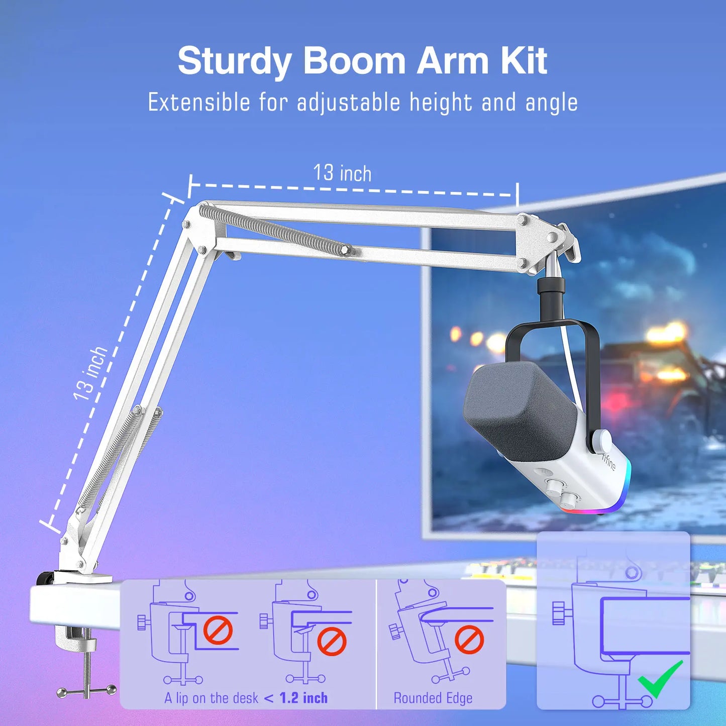 Sturdy boom arm kit with adjustable height and angle, shown with a camera on a blue background.