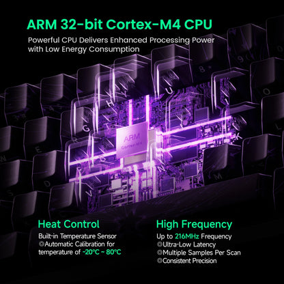 ARM 32-bit Cortex-M4 CPU with glowing purple and green text on a black background