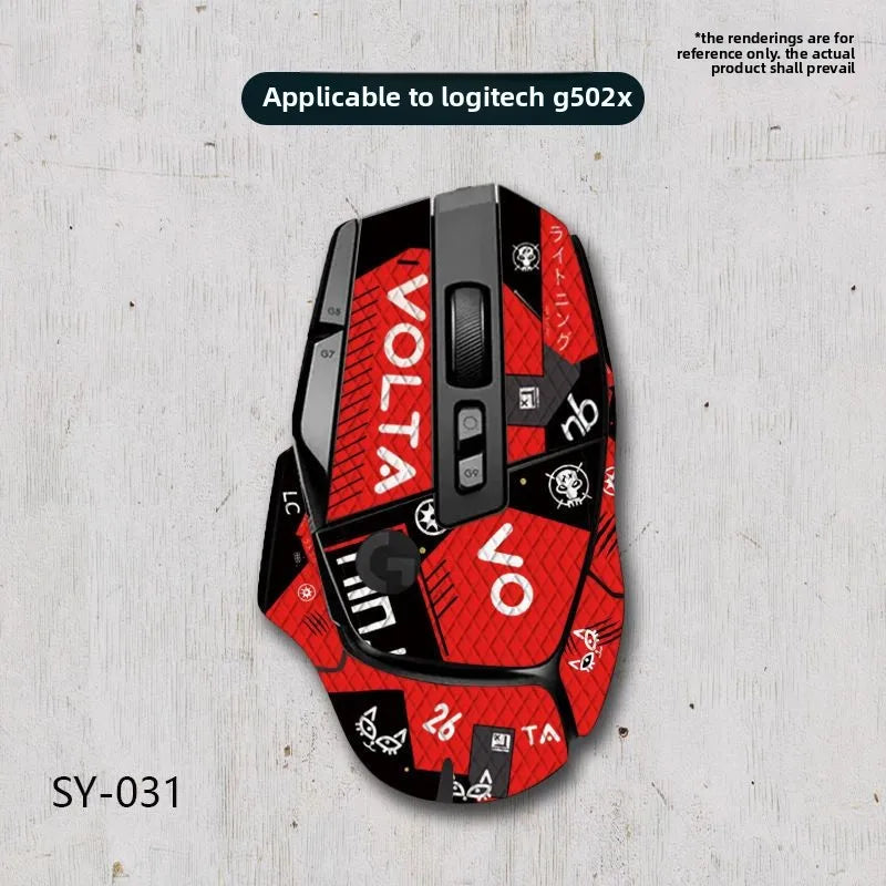 Red and black gaming mouse with 'Volta' branding on a light gray background