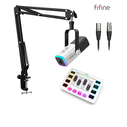 Fifine microphone setup with arm, control panel, and cables on a white background