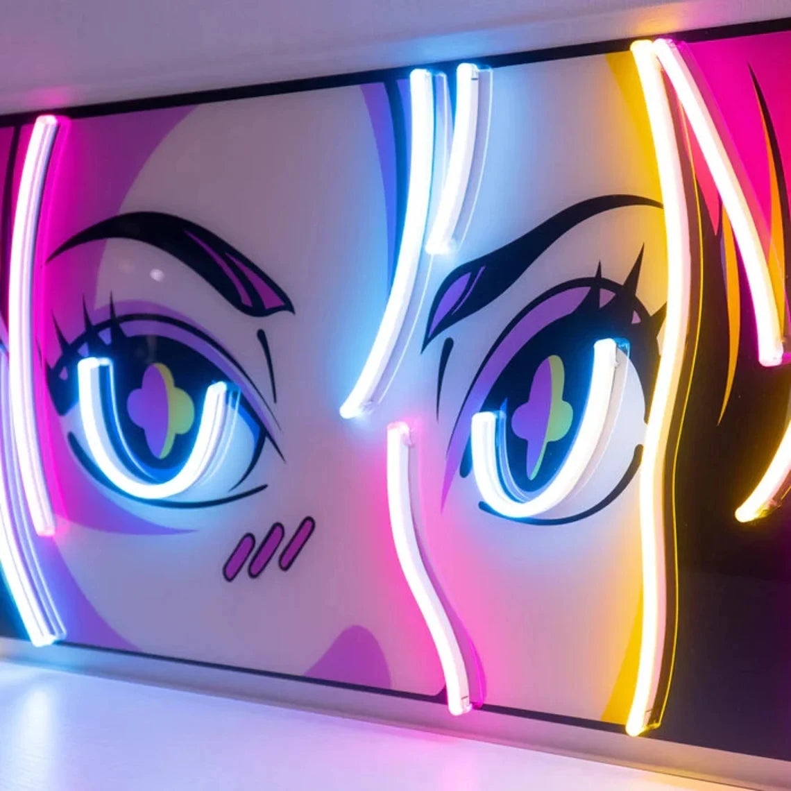 Neon lights shaped like a cartoon character's face with large eyes on a white background