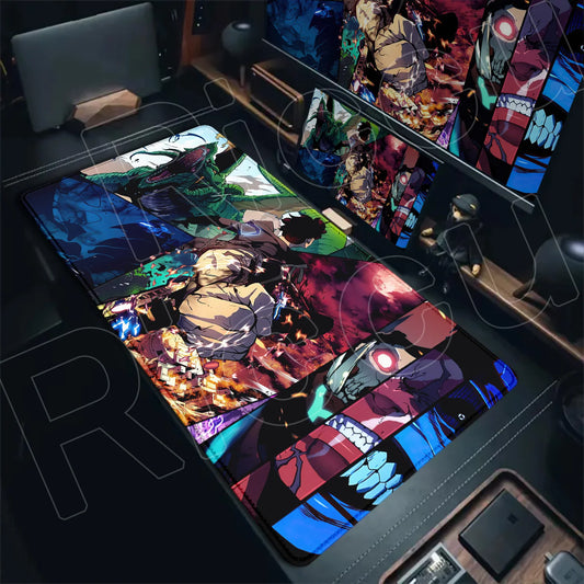 Colorful anime-style artwork on a desk mat with a dark background