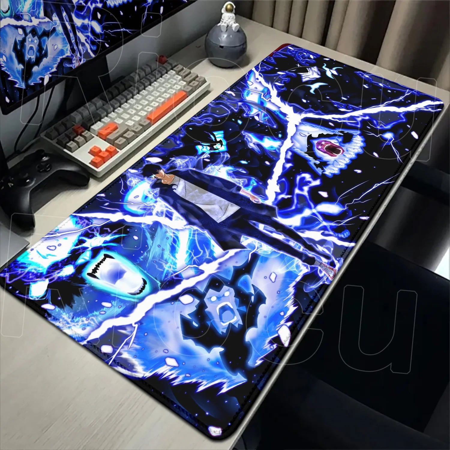 Gaming desk setup with a large mouse pad featuring anime-style artwork.