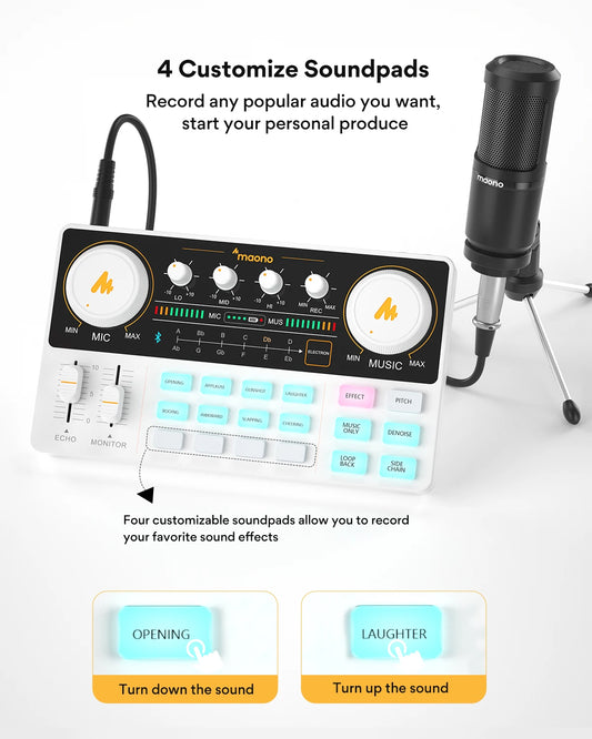 Audio recording device with customizable soundpads and microphone on a white background