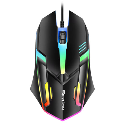 Gaming mouse with colorful LED lighting on a white background, featuring the brand 'Skylion'.