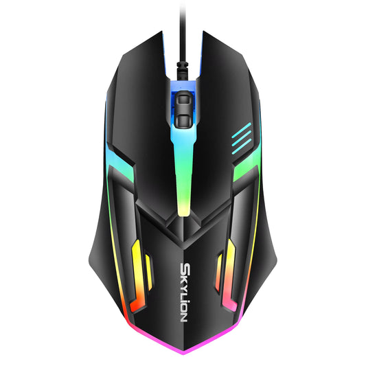 Gaming mouse with colorful LED lighting on a white background, featuring the brand 'Skylion'.