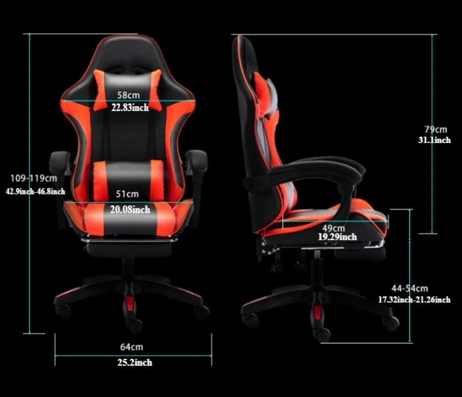 Gaming chair with dimensions labeled on a black background