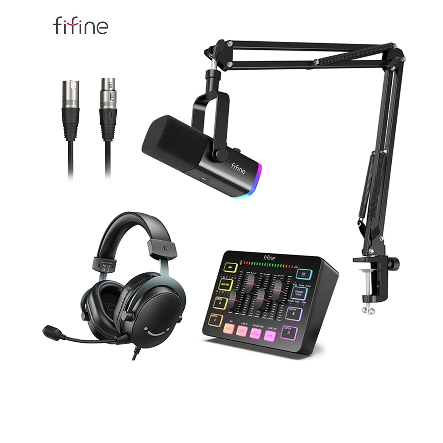 Fifine audio equipment set including microphone, headset, and control panel on a white background.