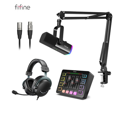 Fifine audio equipment set including microphone, headset, and control panel on a white background.