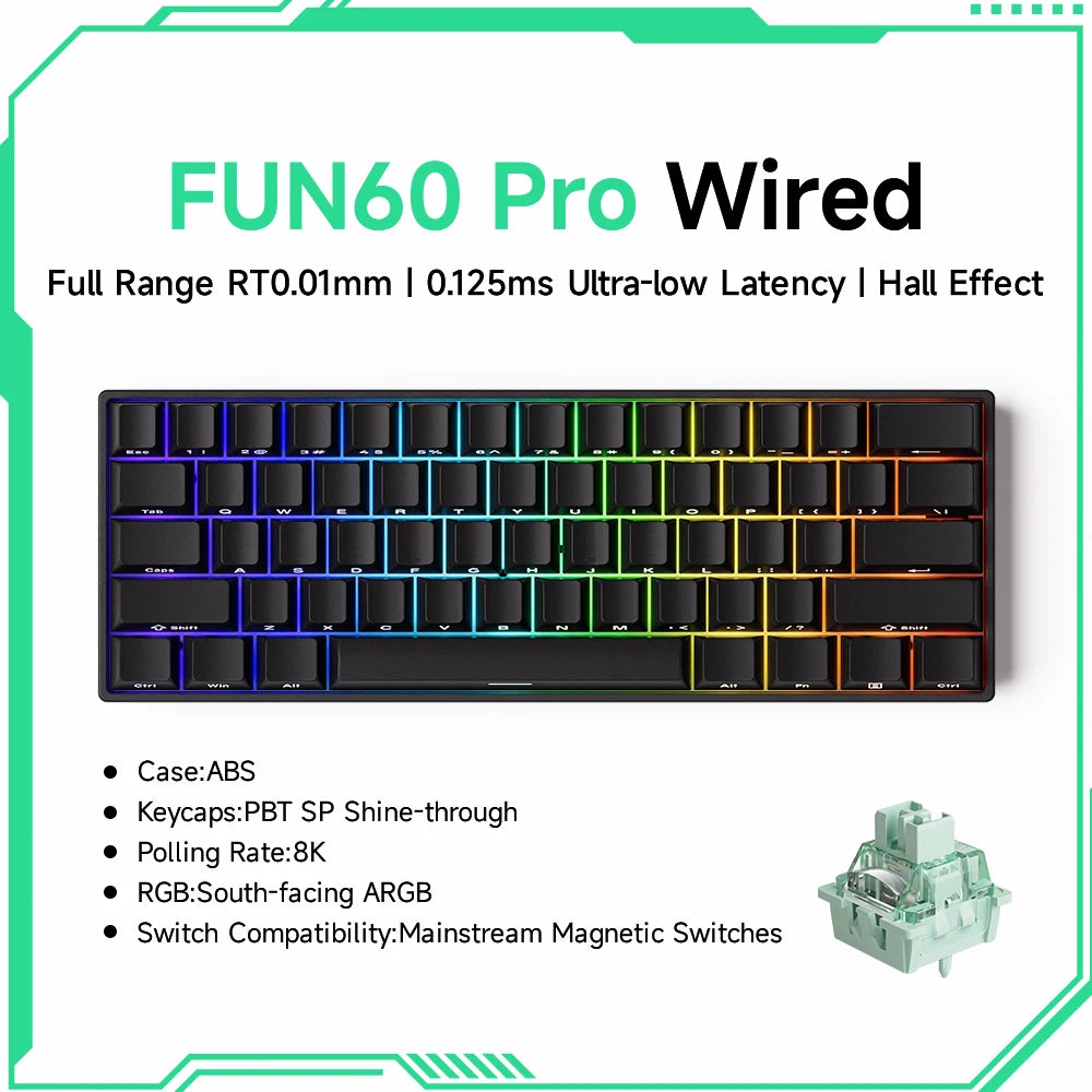 FUN60 Pro Wired keyboard with specifications on a white background