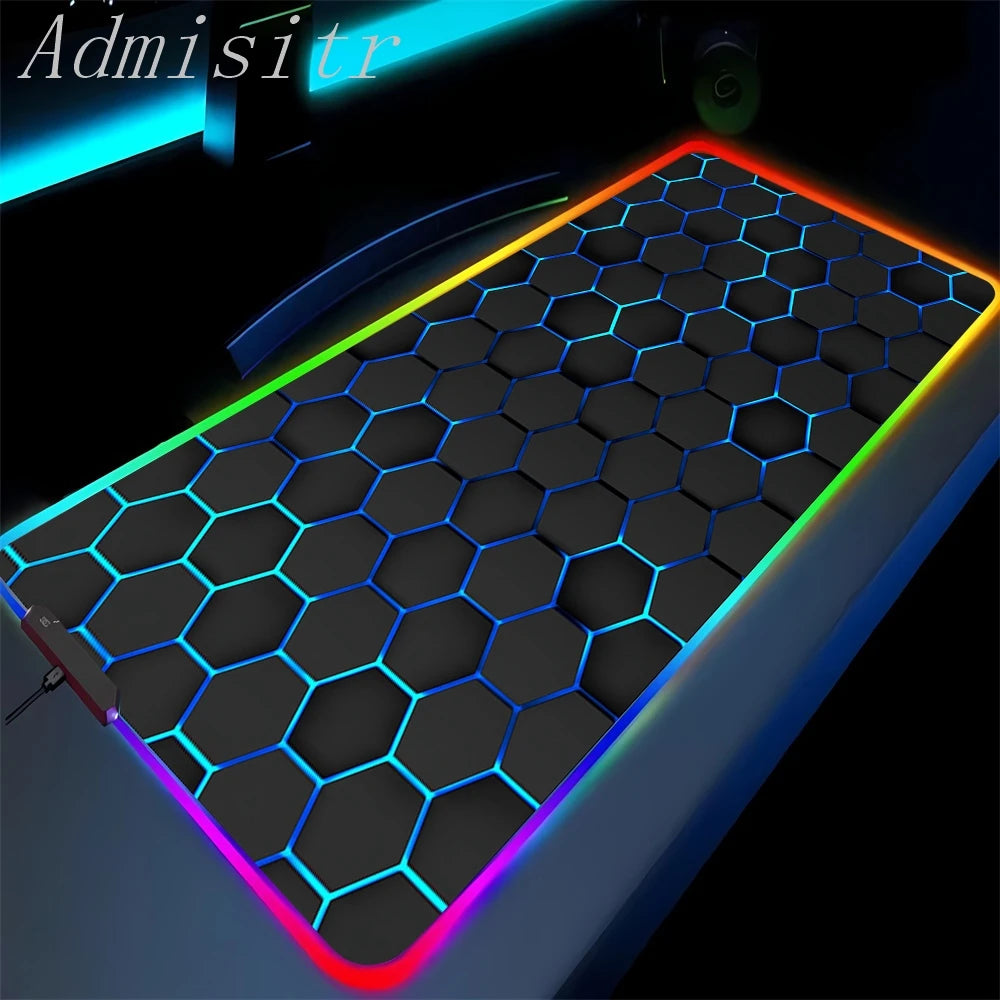 Hexagonal grid mouse pad with colorful lighting effects on a dark background