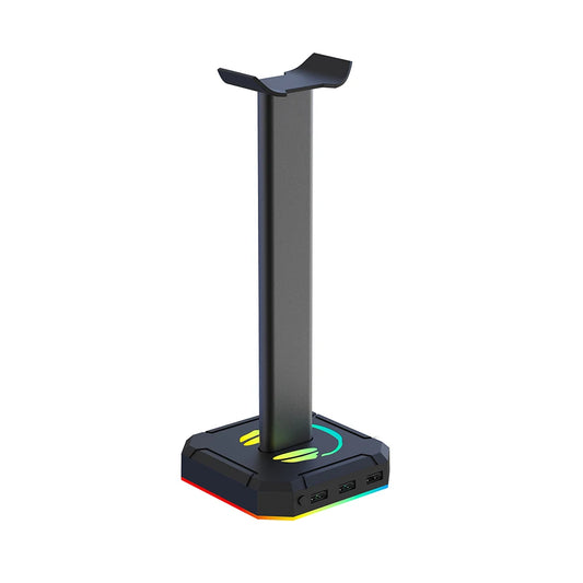 Gaming headset stand with RGB lighting on a white background