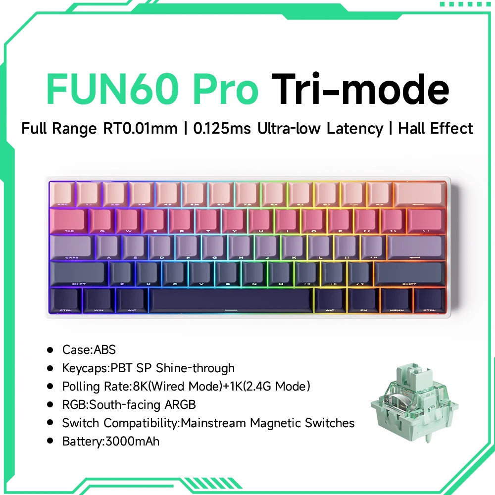 FUN60 Pro Tri-mode keyboard with specifications on a green and white background
