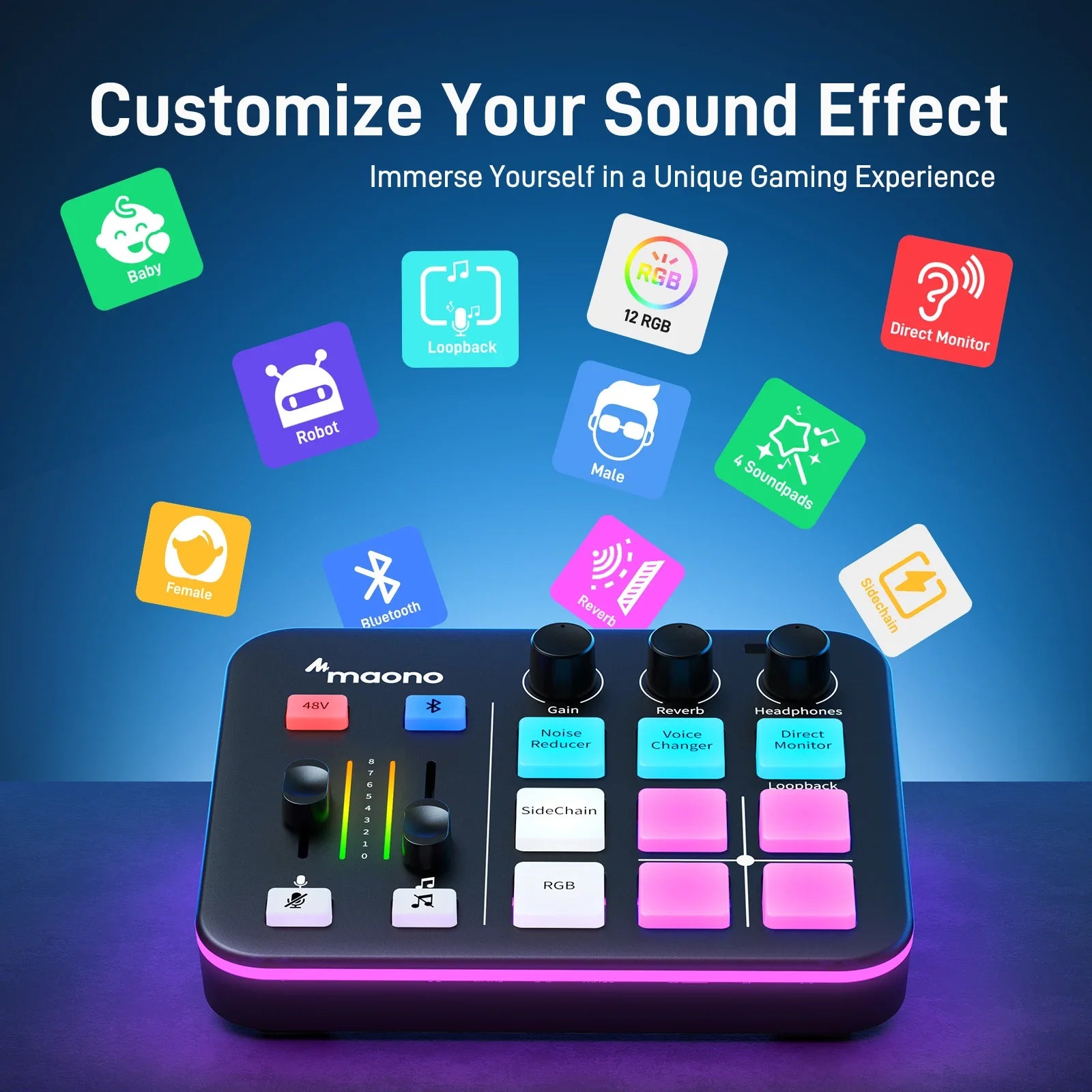 Maono audio control panel with sound effect icons on a blue background