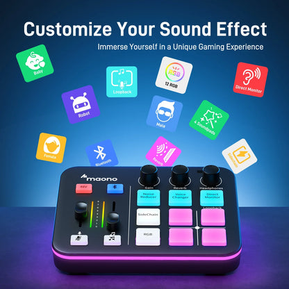 Maono audio control panel with sound effect icons on a blue background
