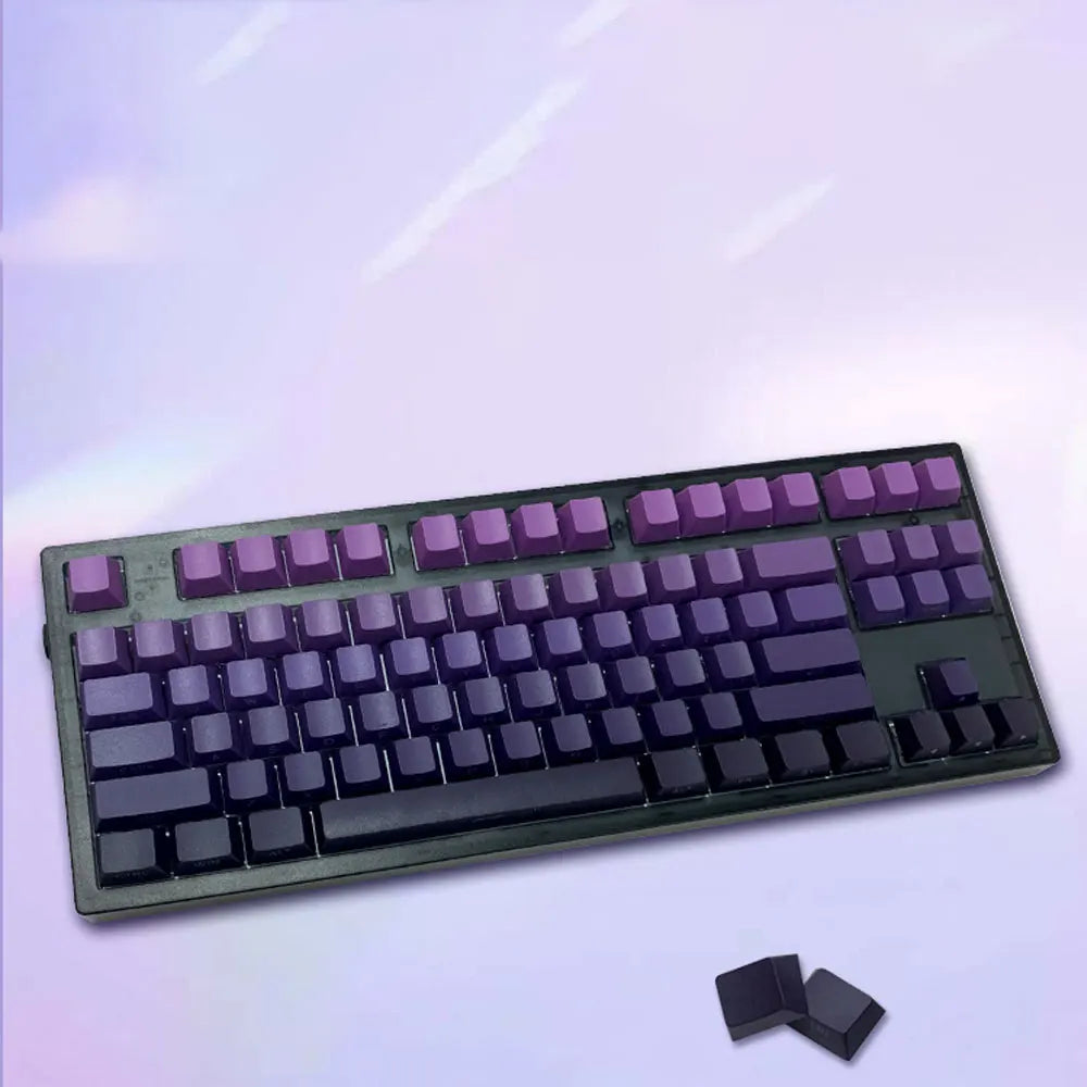 Mechanical keyboard with purple keys on a light background