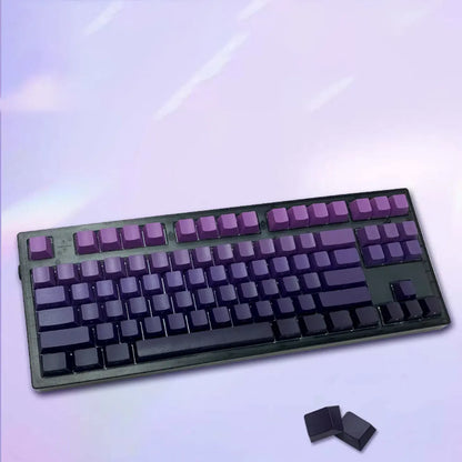 Mechanical keyboard with purple keys on a light background