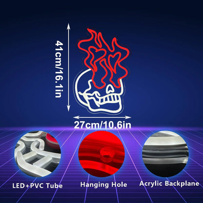 Neon sign with dimensions and components on a blue background