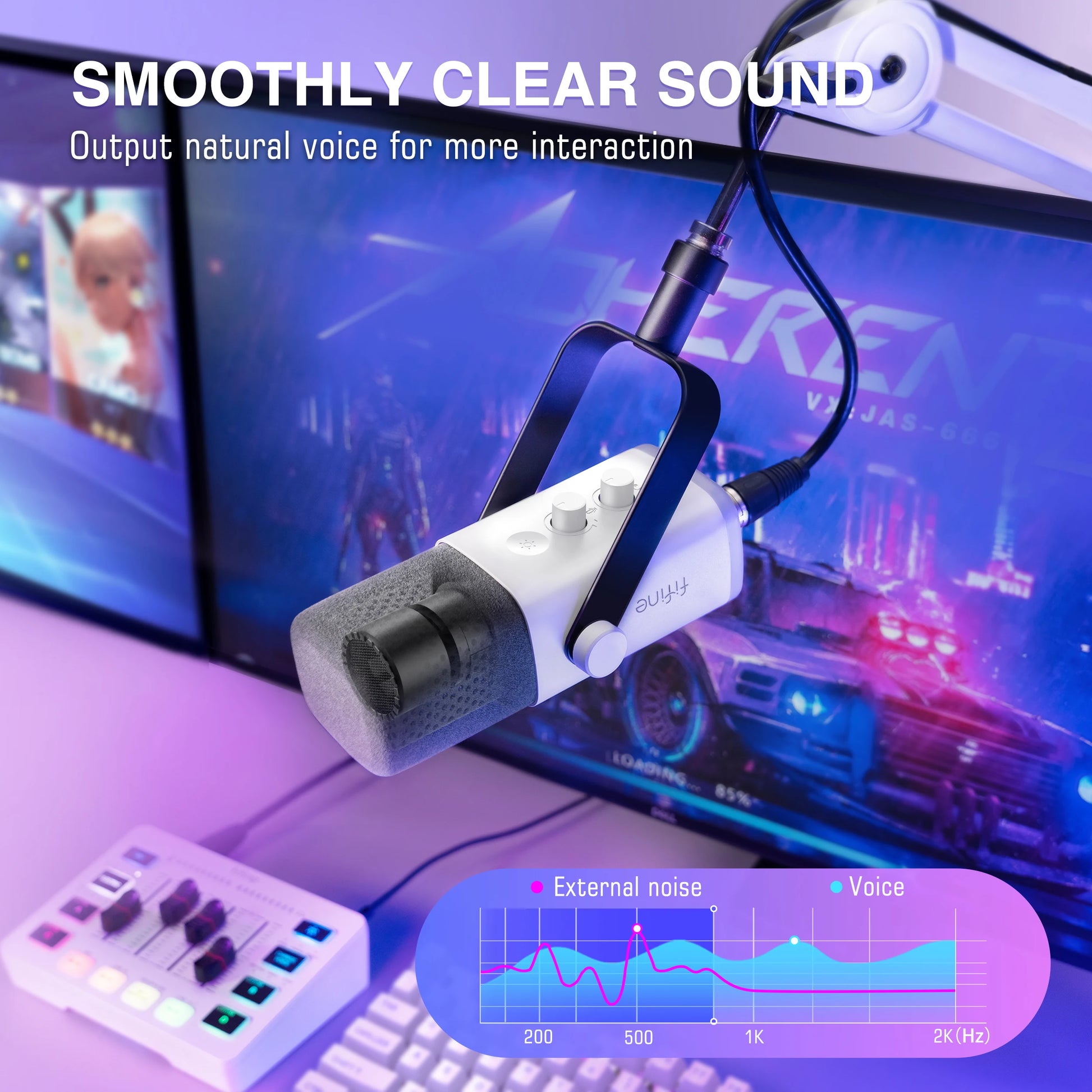 Microphone with clear sound text and gaming setup in the background