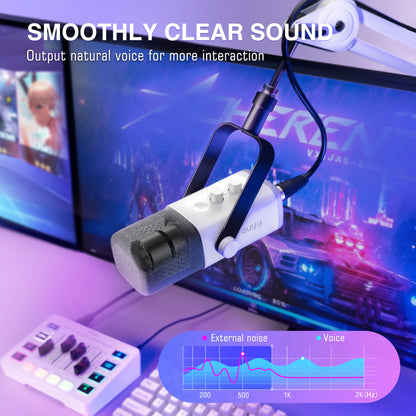 Microphone with clear sound text and gaming setup in the background