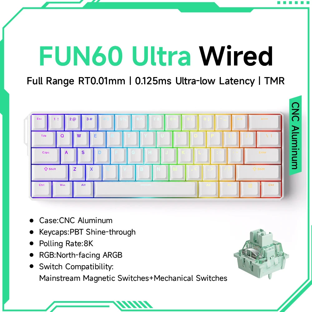 FUN60 Ultra Wired keyboard with RGB backlighting on a white background