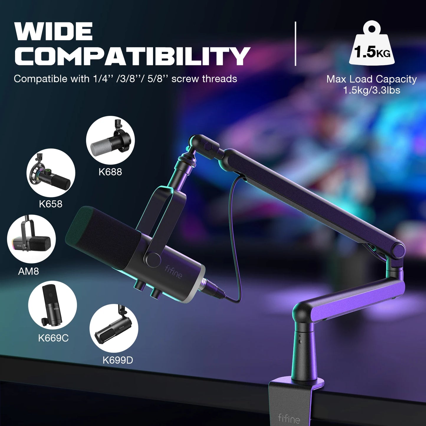 Microphone stand with compatibility details and weight capacity on a dark background