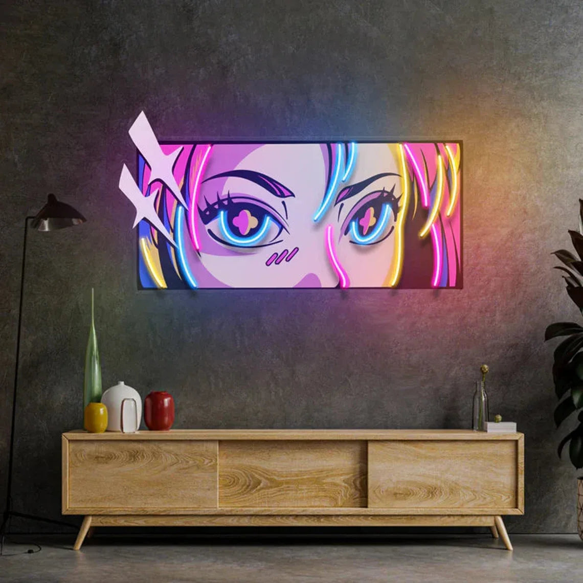 Neon sign of an anime character's face on a dark wall above a wooden console table.