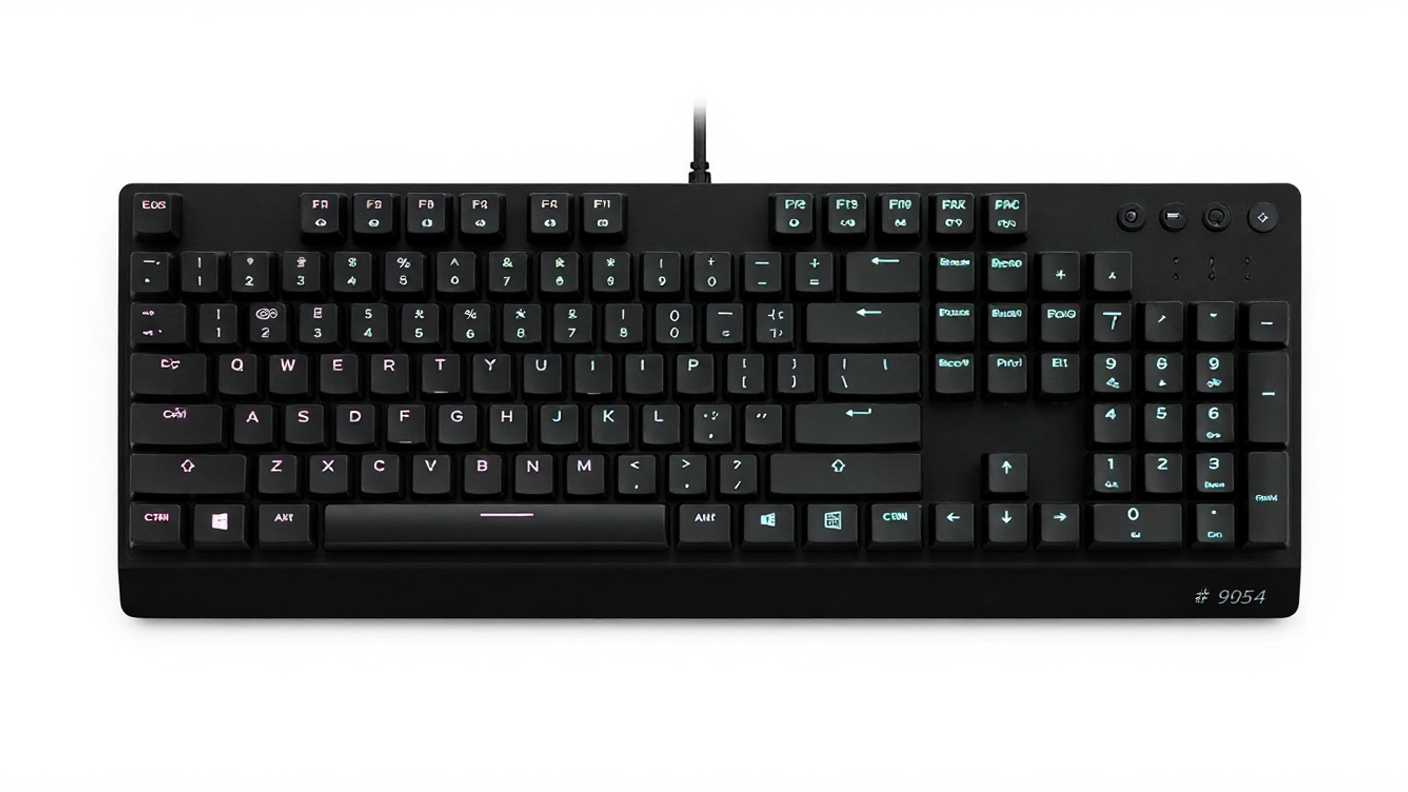 Black keyboard with green backlit keys on a white background