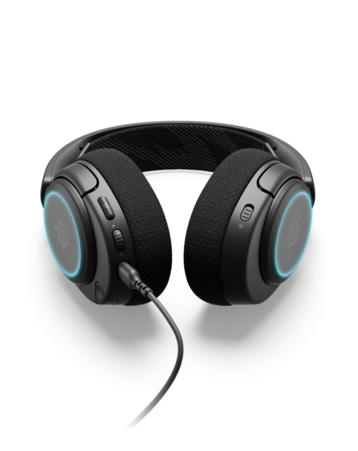 Black gaming headset with blue accents on a white background