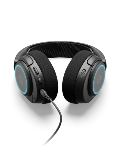 Black gaming headset with blue accents on a white background