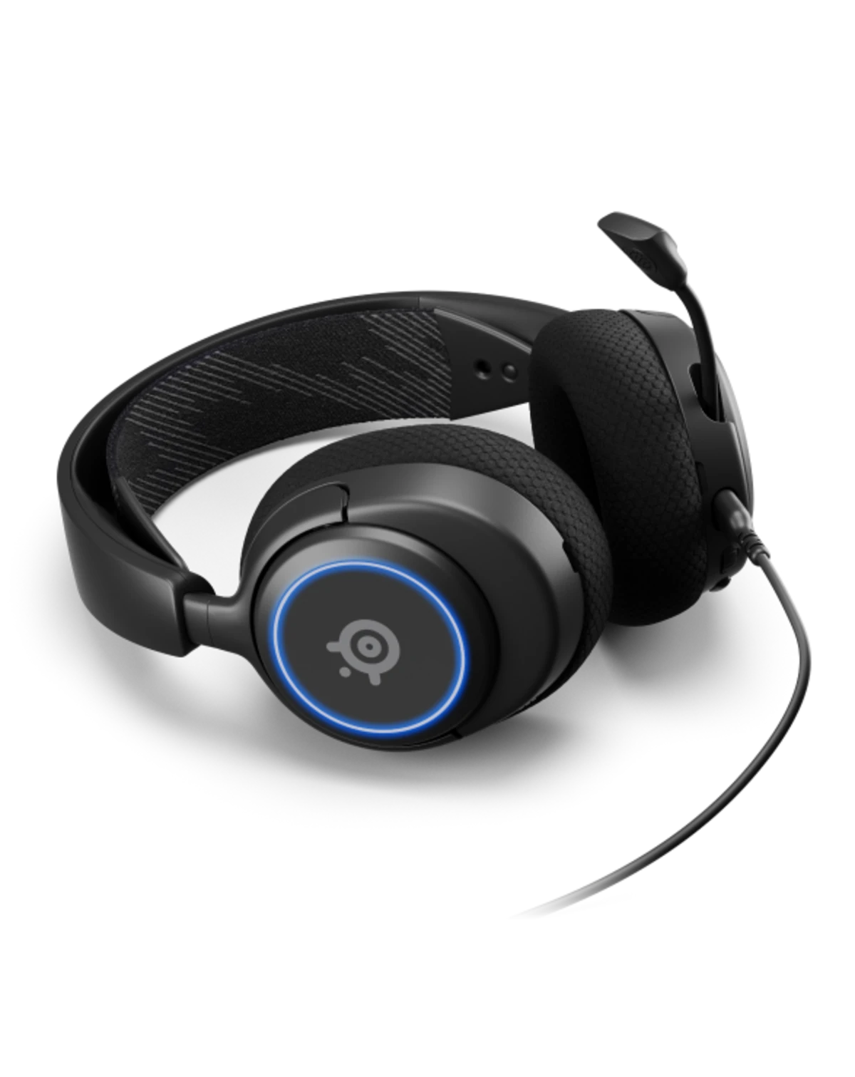 Black gaming headset with blue light on a white background