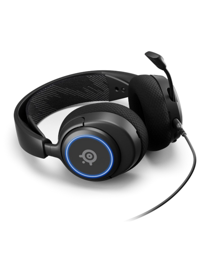 Black gaming headset with blue light on a white background