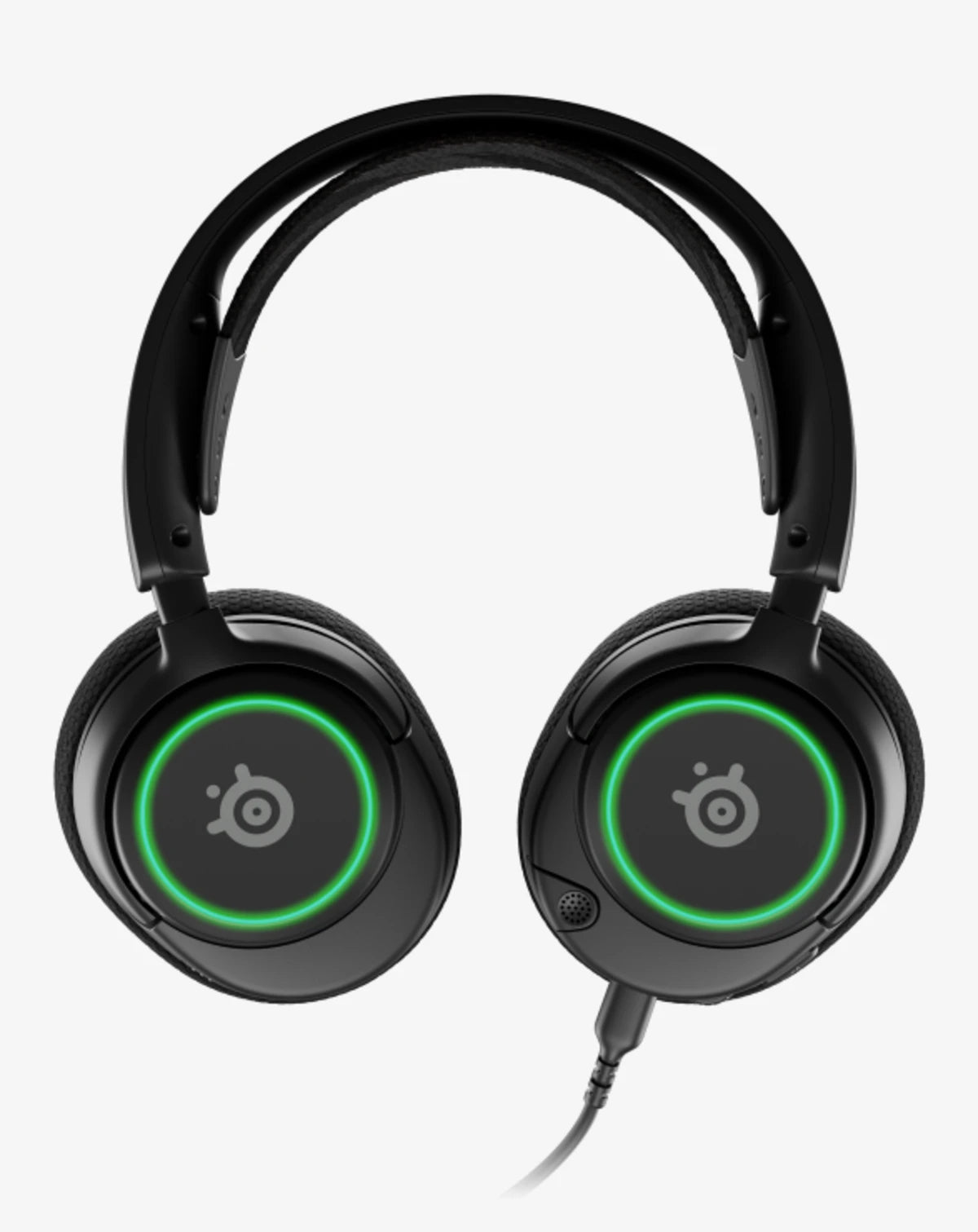 Black gaming headset with green LED lights on a white background