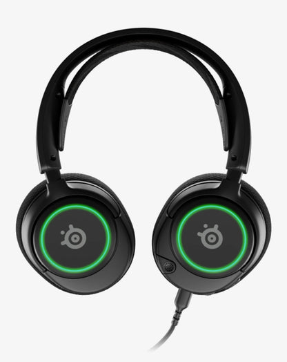 Black gaming headset with green LED lights on a white background