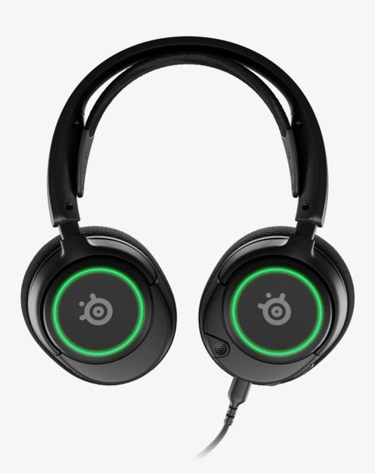 Black gaming headset with green LED lights on a white background