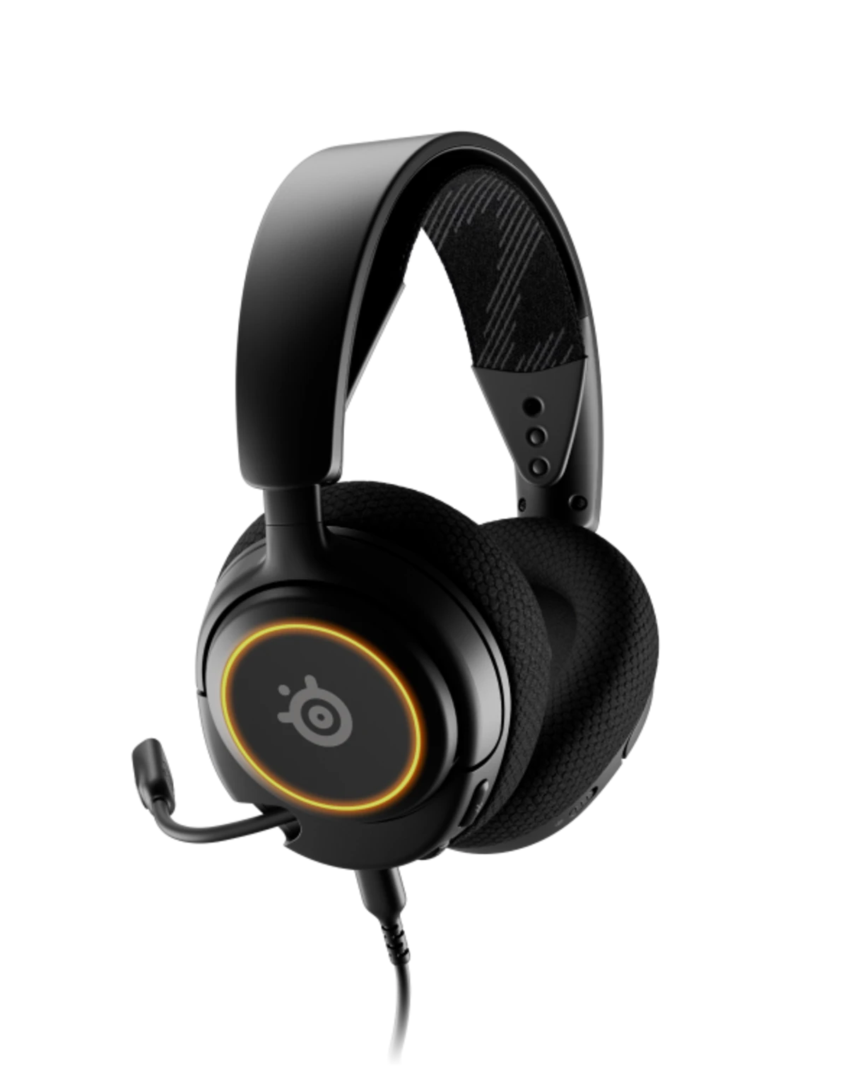 Black gaming headset with a visible logo on a white background