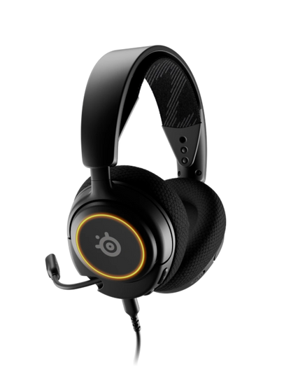 Black gaming headset with a visible logo on a white background