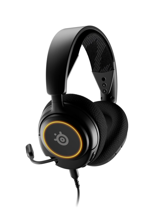 Black gaming headset with a visible logo on a white background