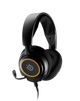 Black gaming headset with a visible logo on a white background