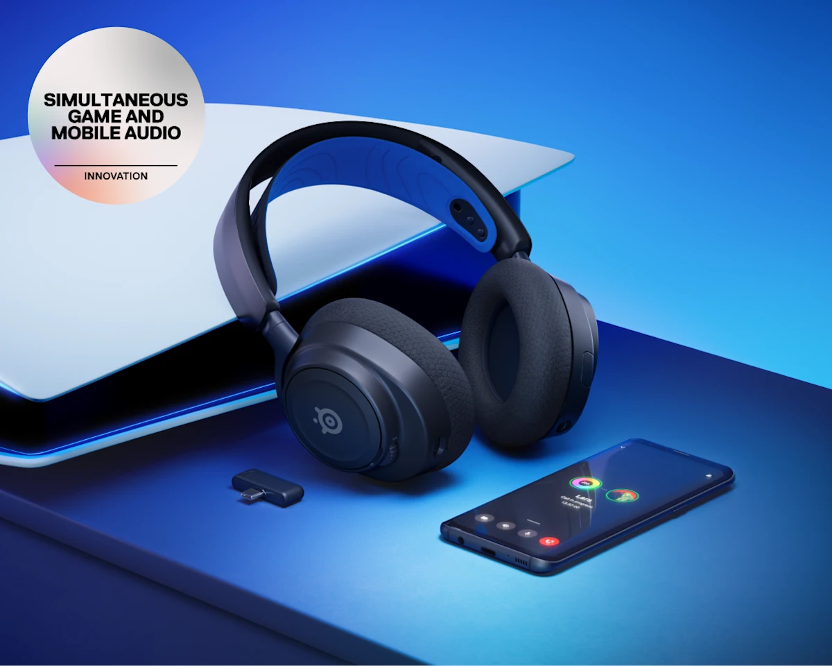 Black headphones with a smartphone on a blue surface, featuring simultaneous game and mobile audio innovation text.