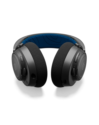 Black over-ear headphones with blue interior on a white background