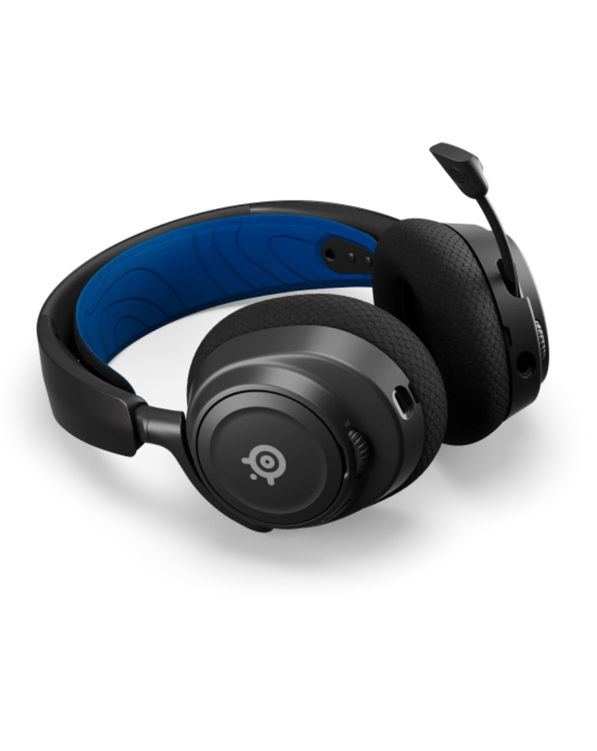 Black gaming headset with blue interior on a white background