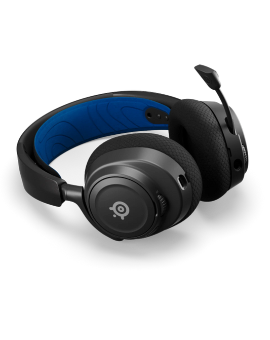 Black gaming headset with blue interior on a white background